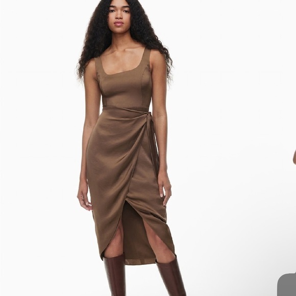 Wilfred Dresses & Skirts - Wilfred Aritzia Size 2 Saturn Satin Midi Dress Cocoa Brown $128 Sleeveless Tie